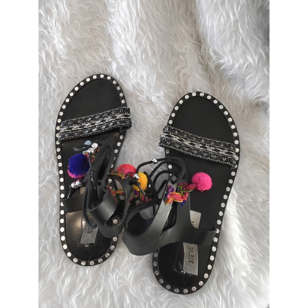 Steve Madden‎ Black Embellished Pom Pom Lace Up Gladiator Sandals Women Size 6